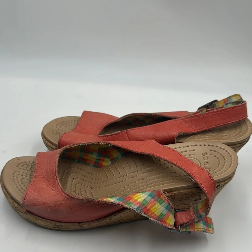 Crocs A-Leigh Sandals Womens 10 Coral Leather  Cork Wedge Slingback Shoes